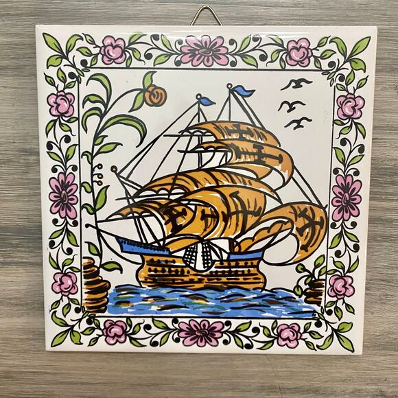 Vintage Collectors Floral Boarder Ceramic Tile 6"x6" A Ship Sailing, Trivet - Picture 1 of 6